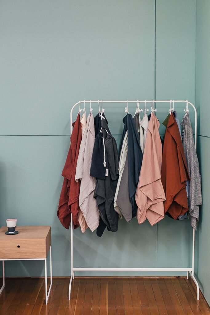 Shirts hanging on a rail in the studio